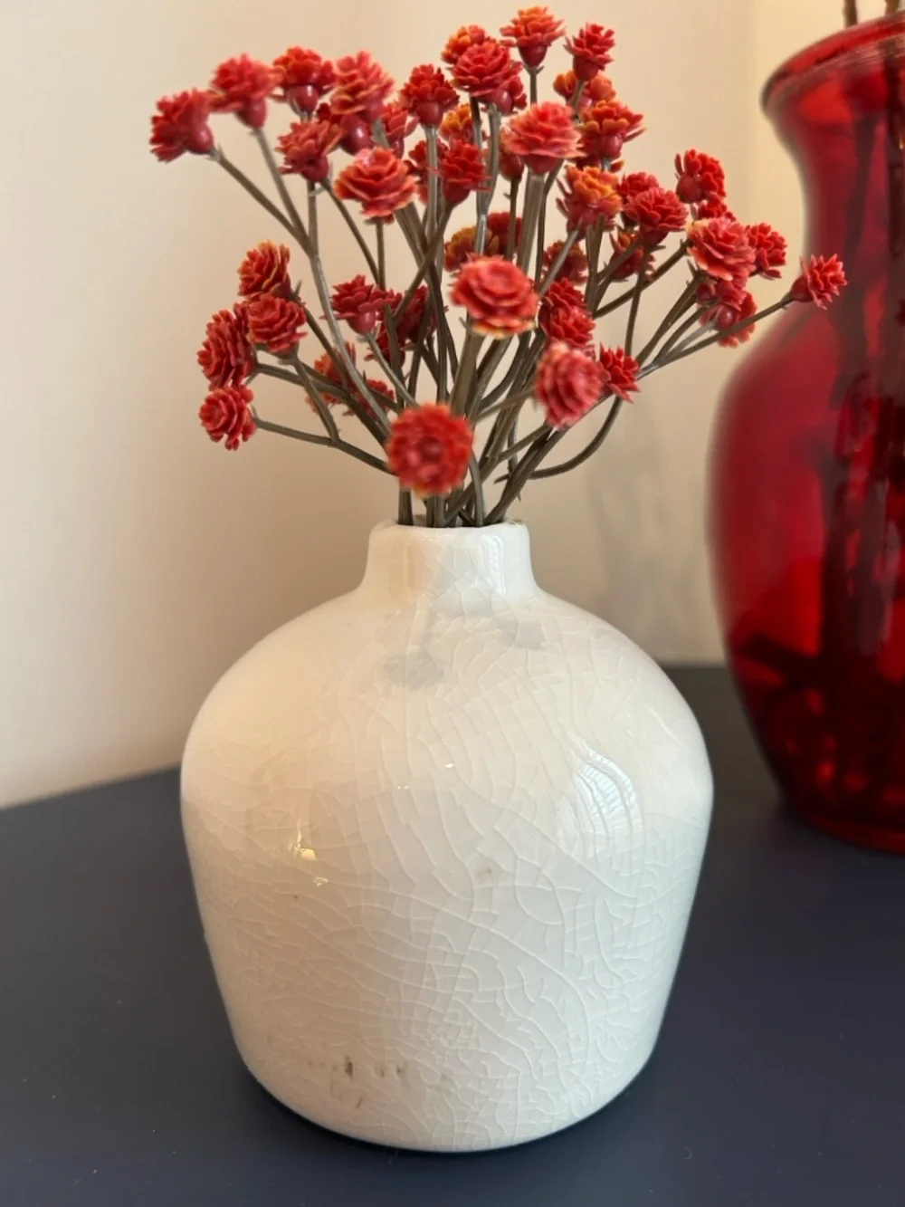 Red and White Tabletop decor Dried floral shelf decor Red vase faux cattails.